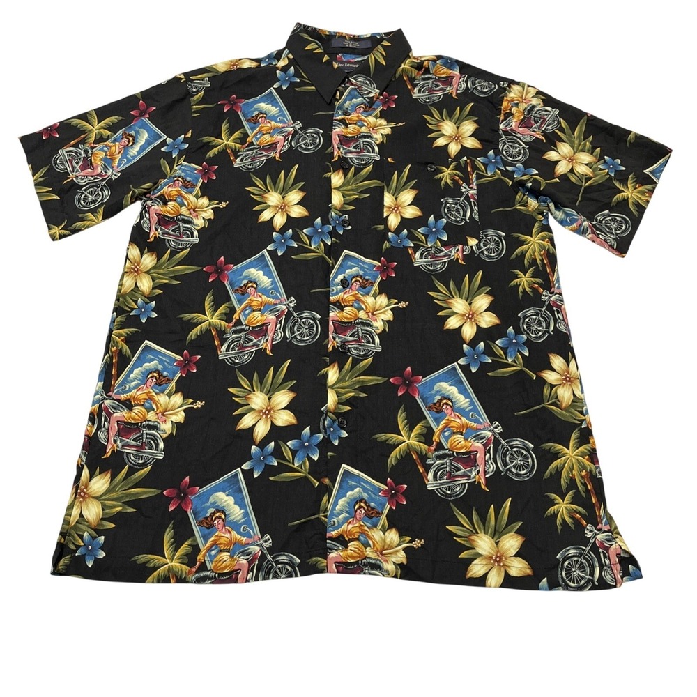 Vintage Mark Edwards Hawaiian Shirt Mens‎ L Black Floral Motorcycle Button Down